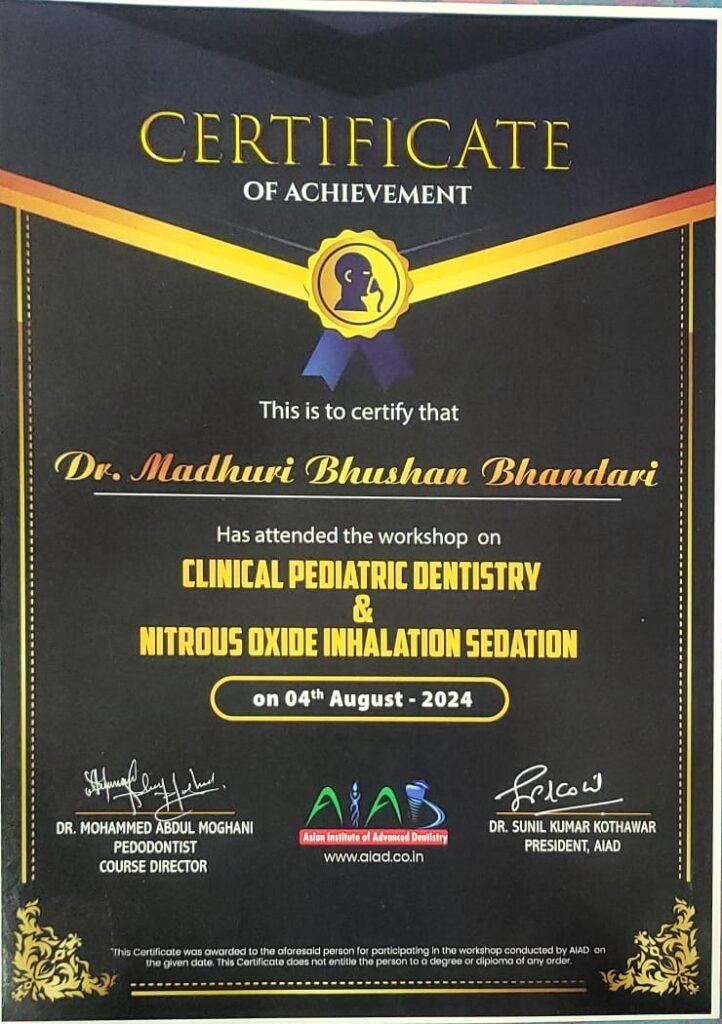 Professional dental training certificates of Dr Madhuri Bhandari dental clinic Pimpri Chinchwad