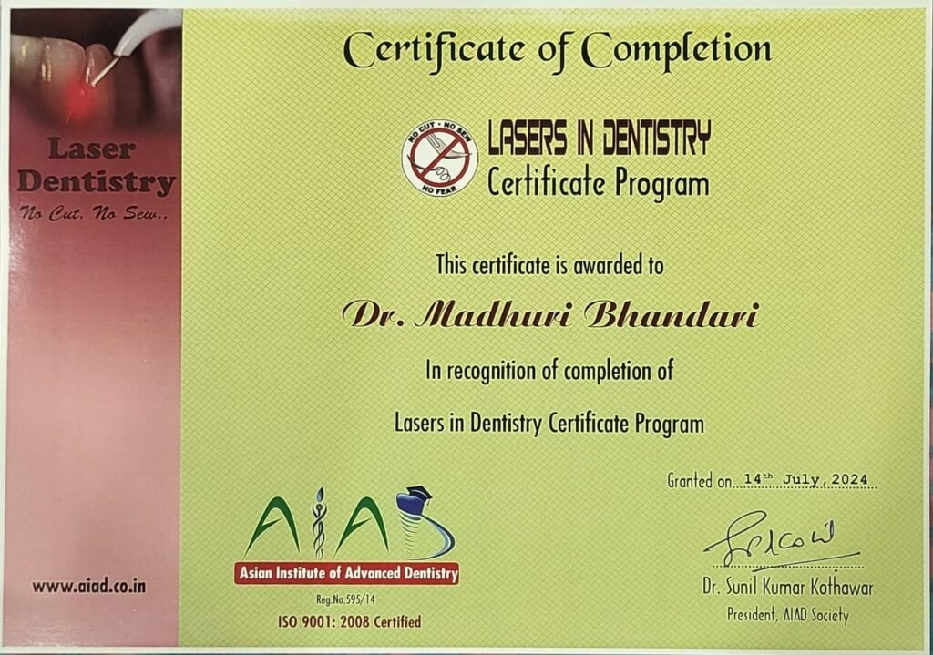Dental certifications of Dr Madhuri Bhandari dentist in Pimpri Chinchwad Pune