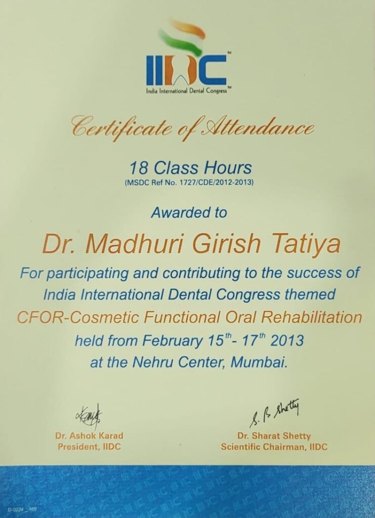 Certified dentist Dr Madhuri Bhandari Pimpri Chinchwad dental training certificates