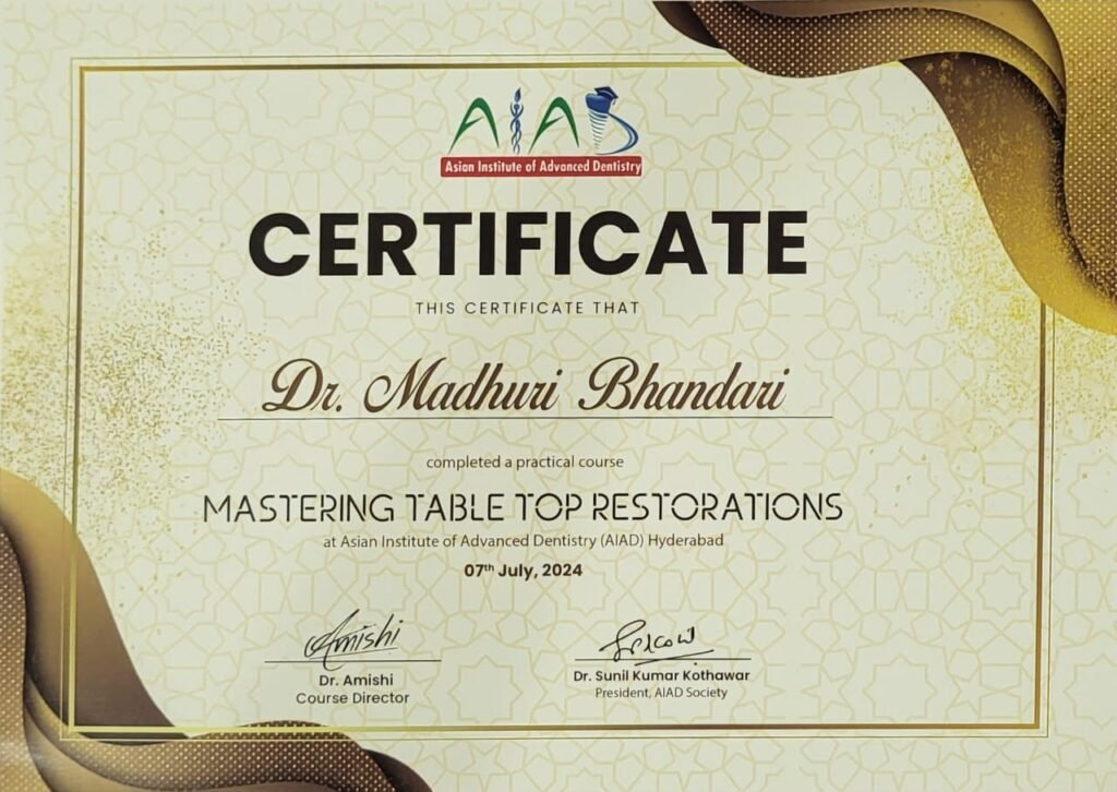 Dr Madhuri Bhandari dentist in Pimpri Chinchwad dental certificates and professional achievements