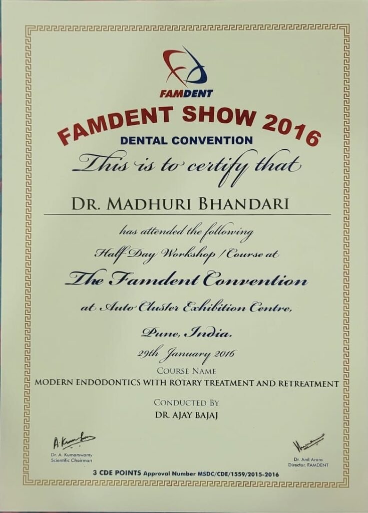 Professional dental training certificates of Dr Madhuri Bhandari dental clinic Pimpri Chinchwad
